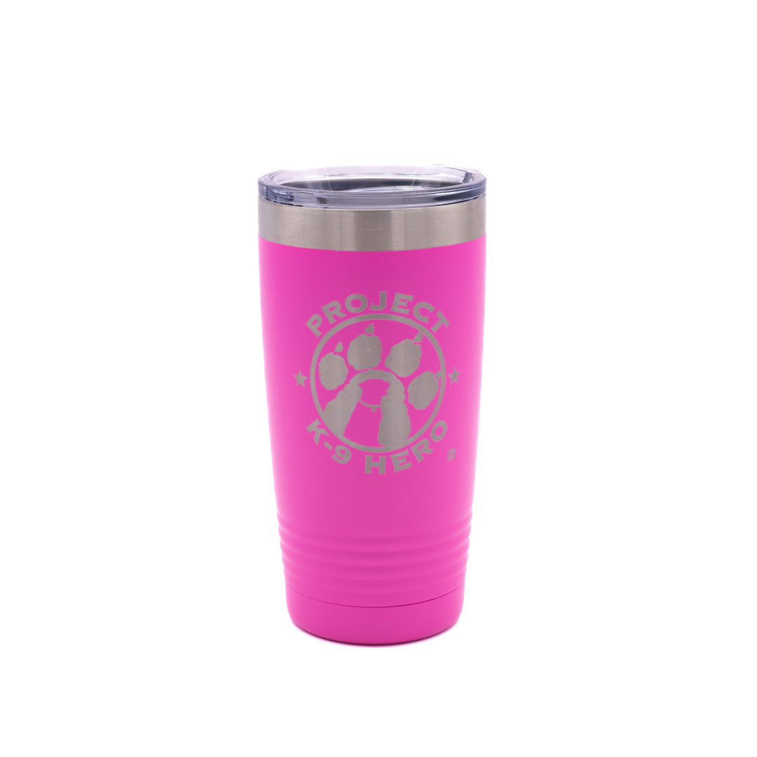 bright pink 20 oz  tumbler with logo