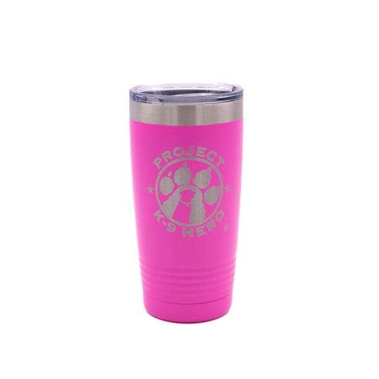 bright pink 20 oz  tumbler with logo