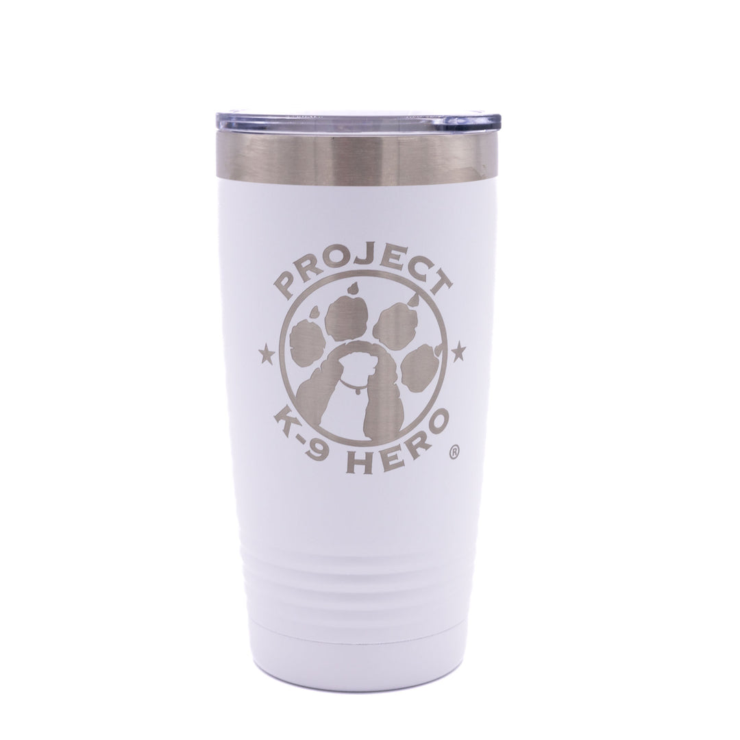 white 20 oz  tumbler with logo