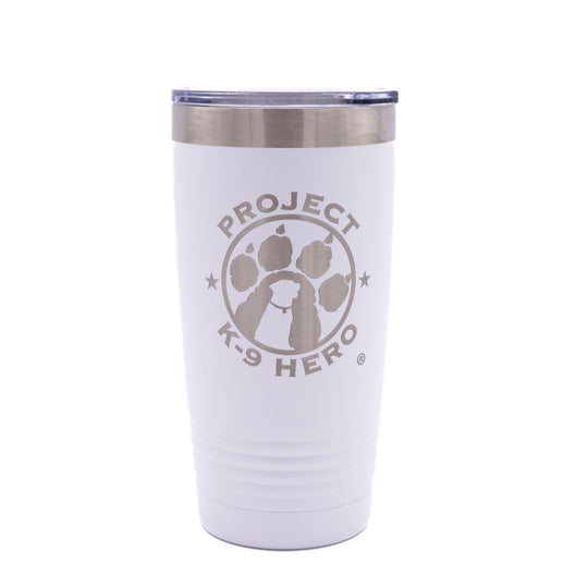 white 20 oz  tumbler with logo