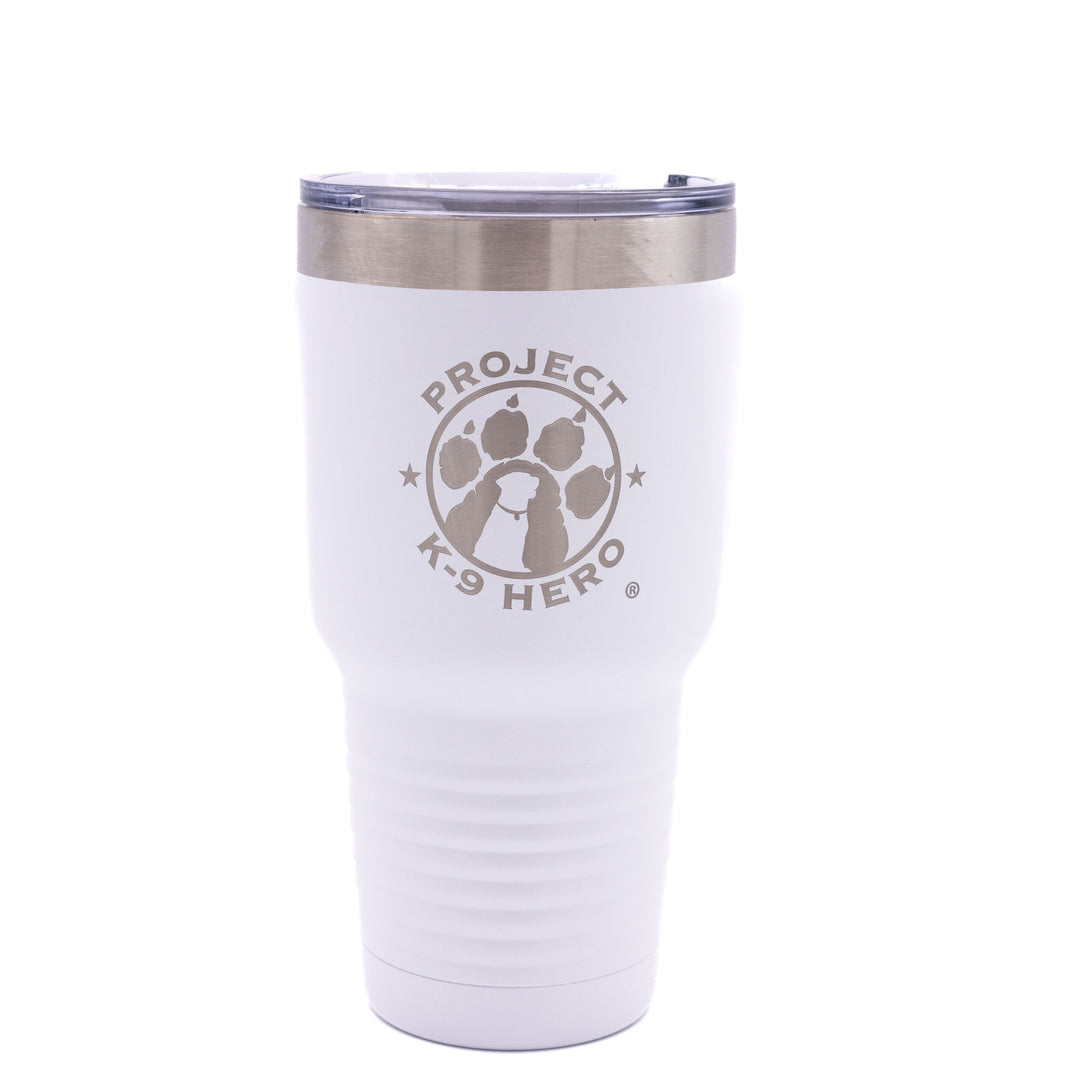 white  tumbler with logo