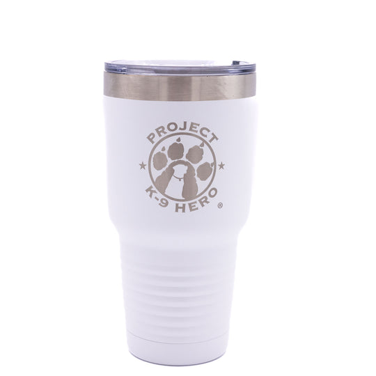 white  tumbler with logo