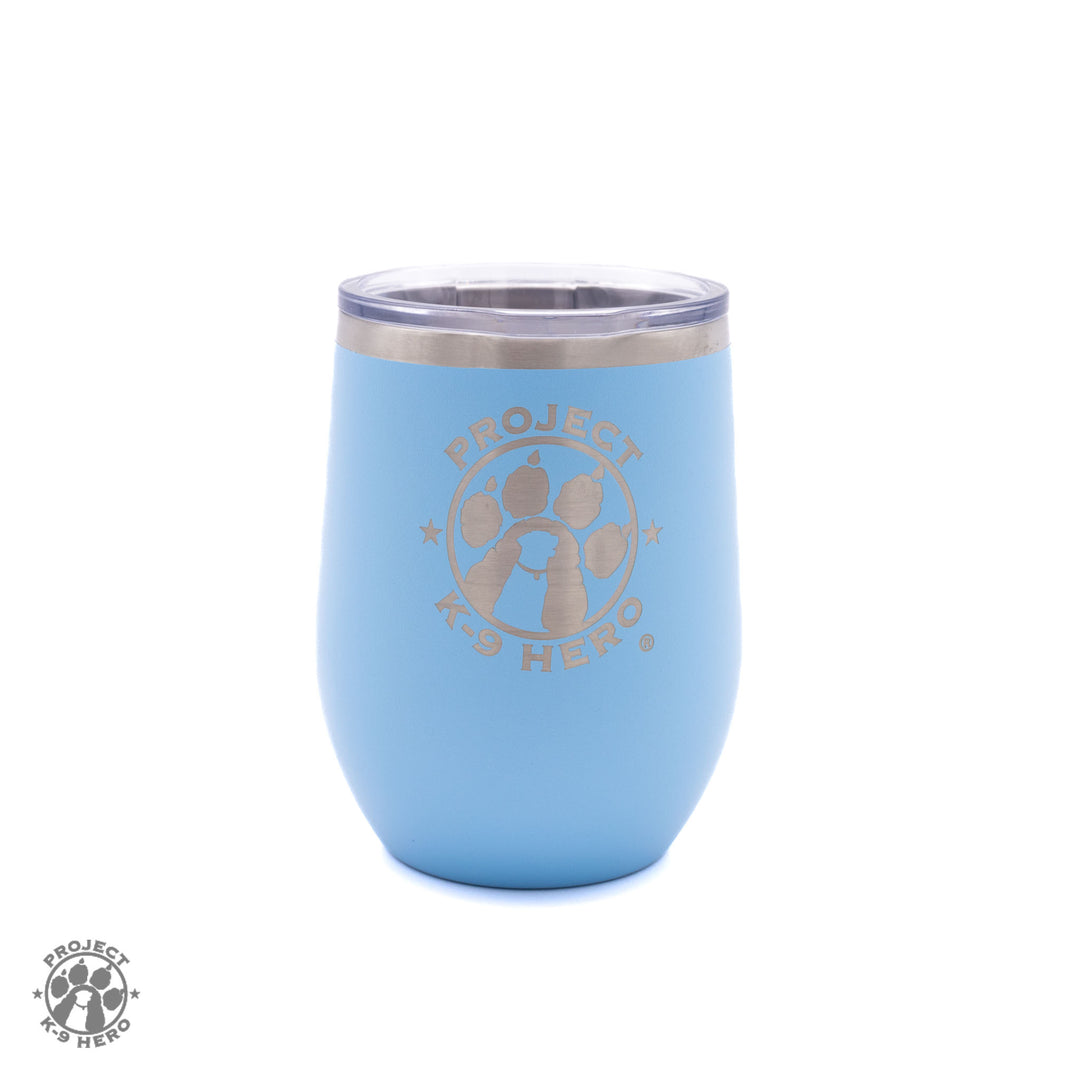 powder blue 12 oz wine tumbler with pk9h logo