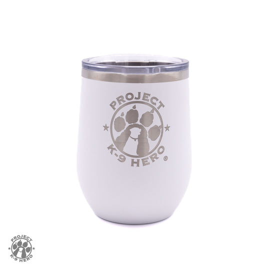 white 12 oz wine tumbler with pk9h logo