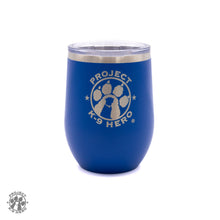 Load image into Gallery viewer, royal blue 12 oz wine tumbler with pk9h logo